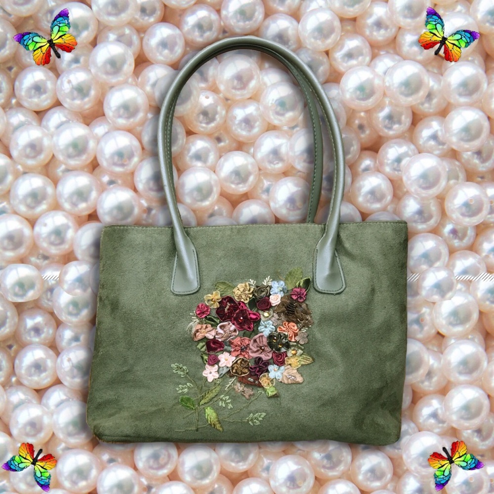 🖤🥀Roses&Rhinestone Olive Green Suede Handbag🥀🖤